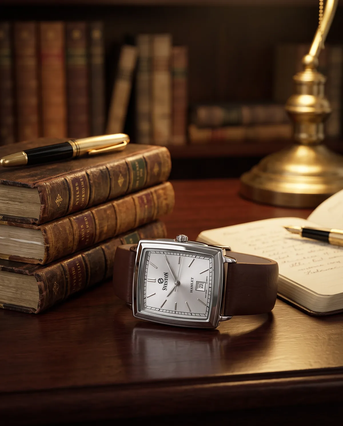 Rectangular Sveston watch presented in a warm writing atelier
