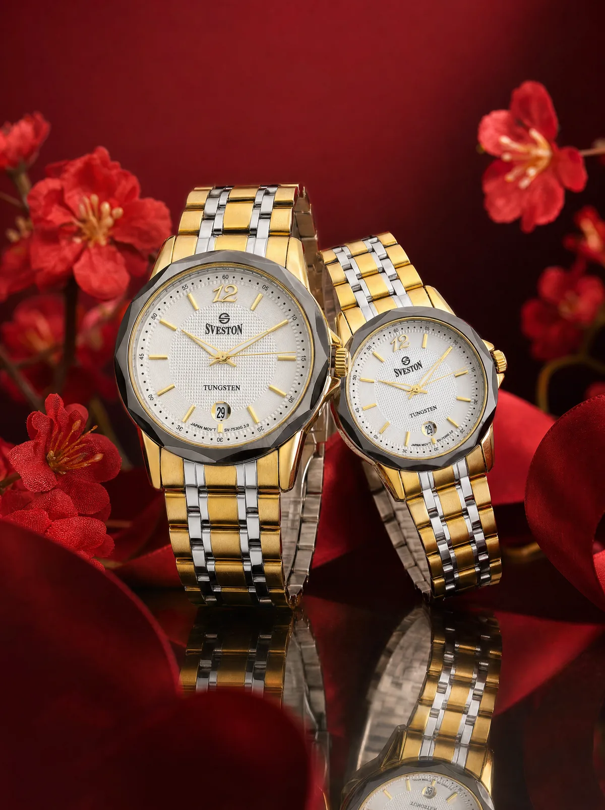 Matching two-tone Sveston couples watches surrounded by red flowers