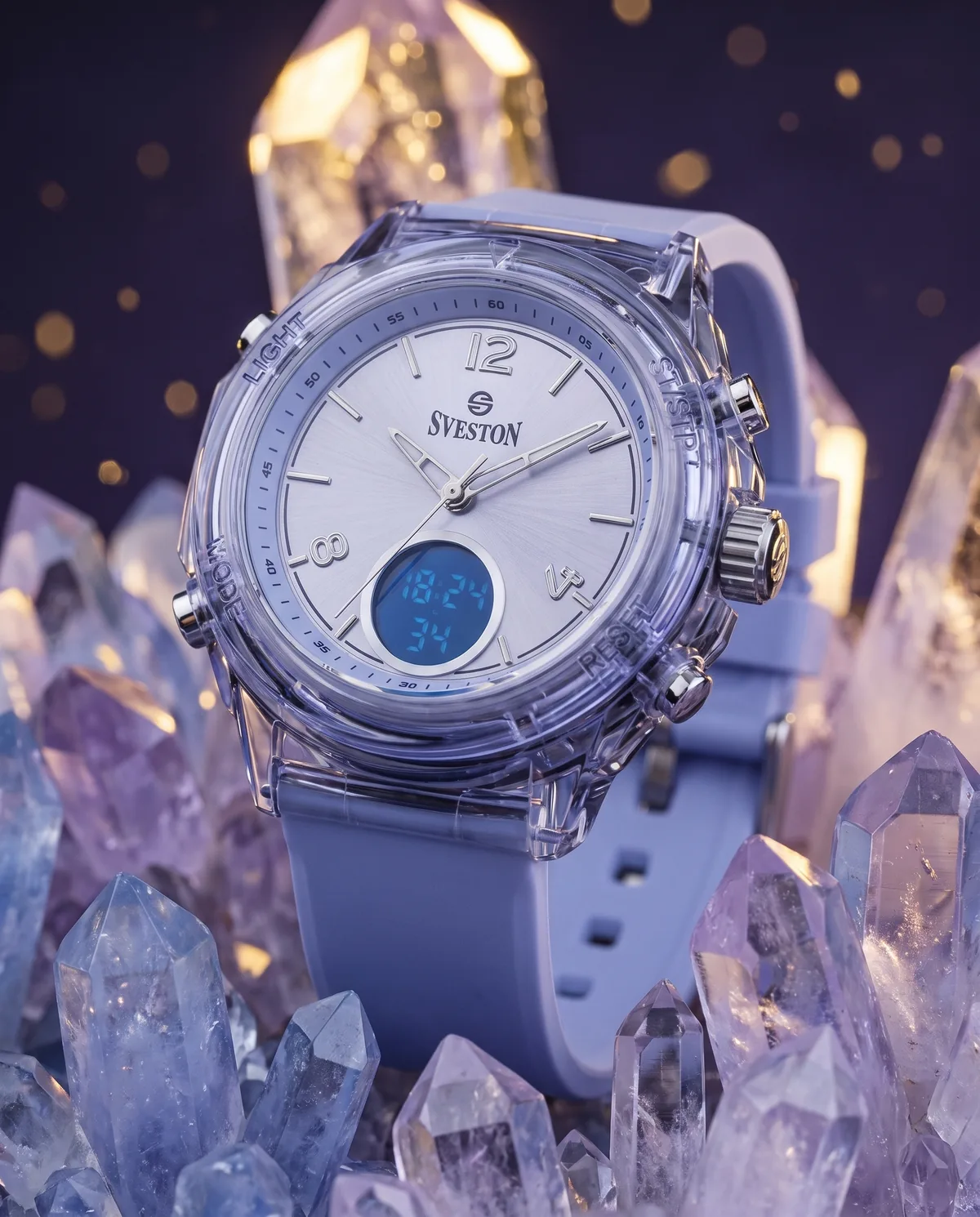 Transparent Sveston watch displayed among luminous crystals