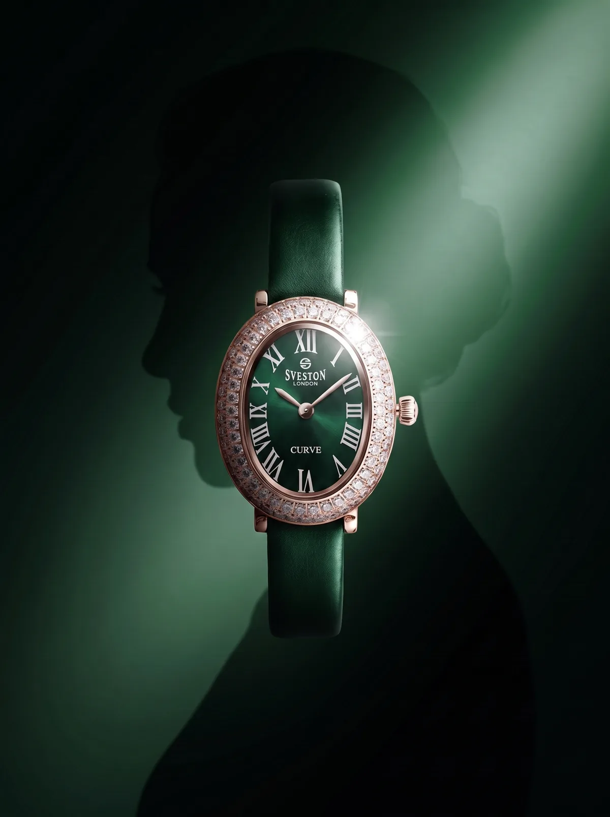 Green Sveston Curve watch in a dramatic studio spotlight