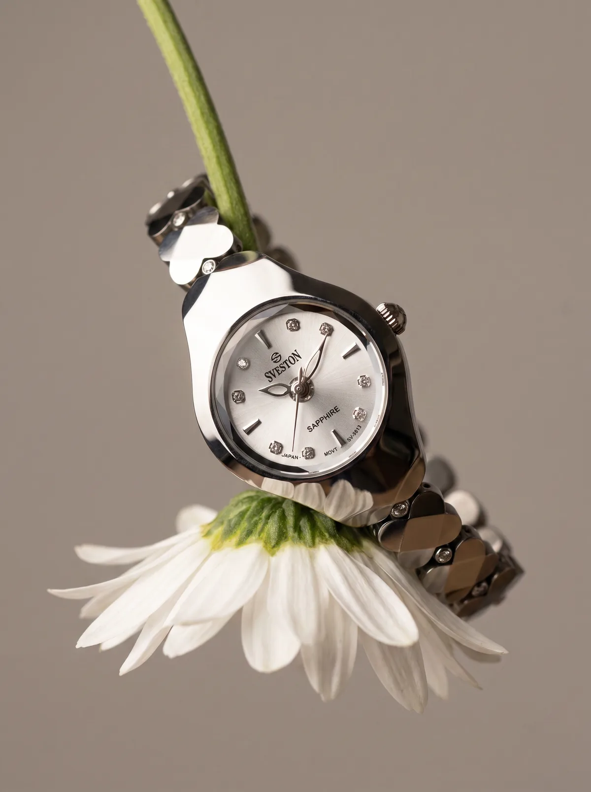 Silver Sveston watch nestled among white daisies