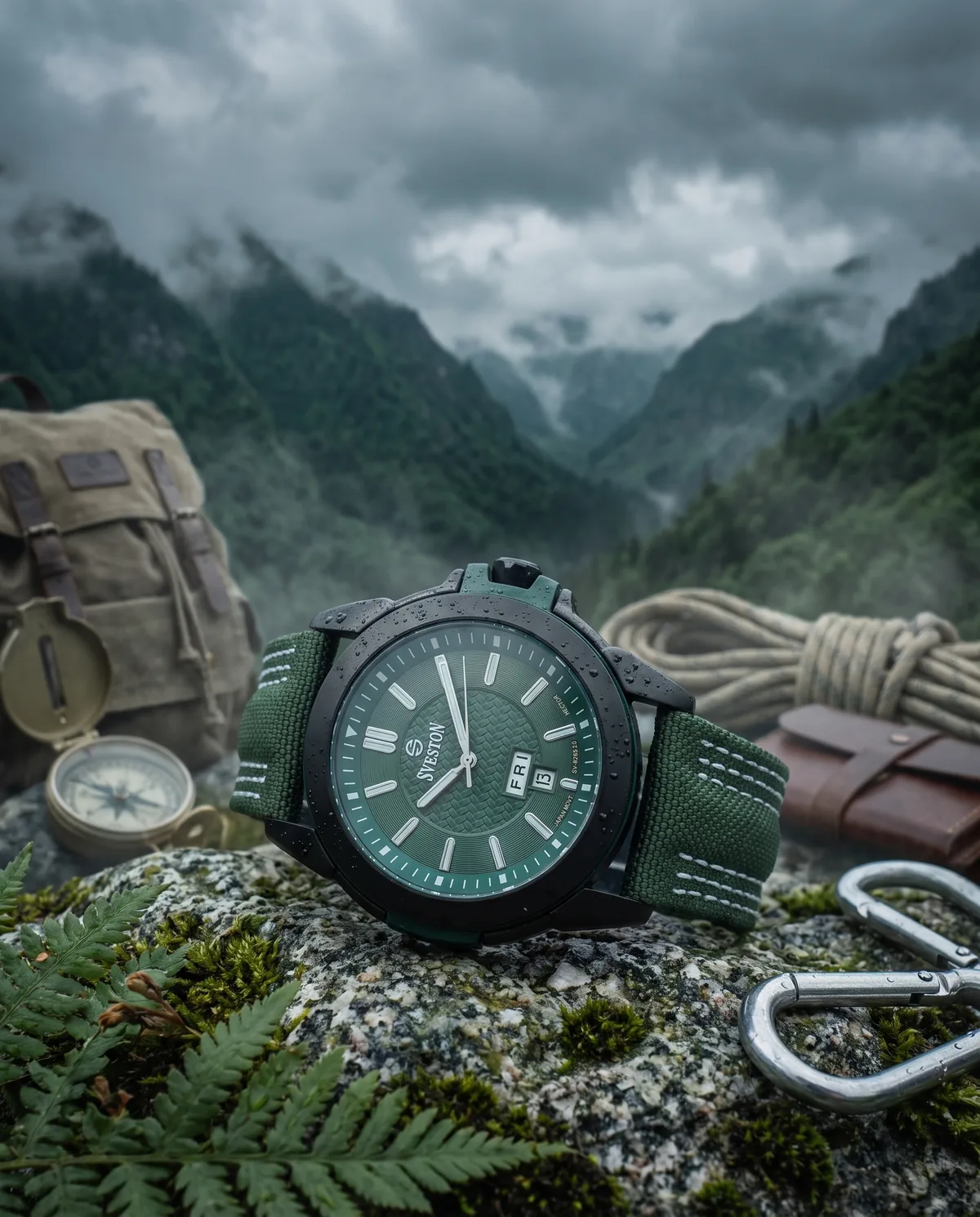 Green Sveston watch presented with mountain expedition gear