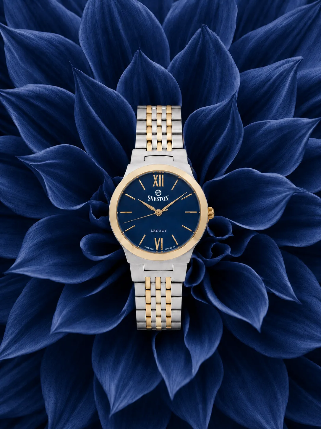 Dark dial Sveston watch centered in deep midnight flower petals