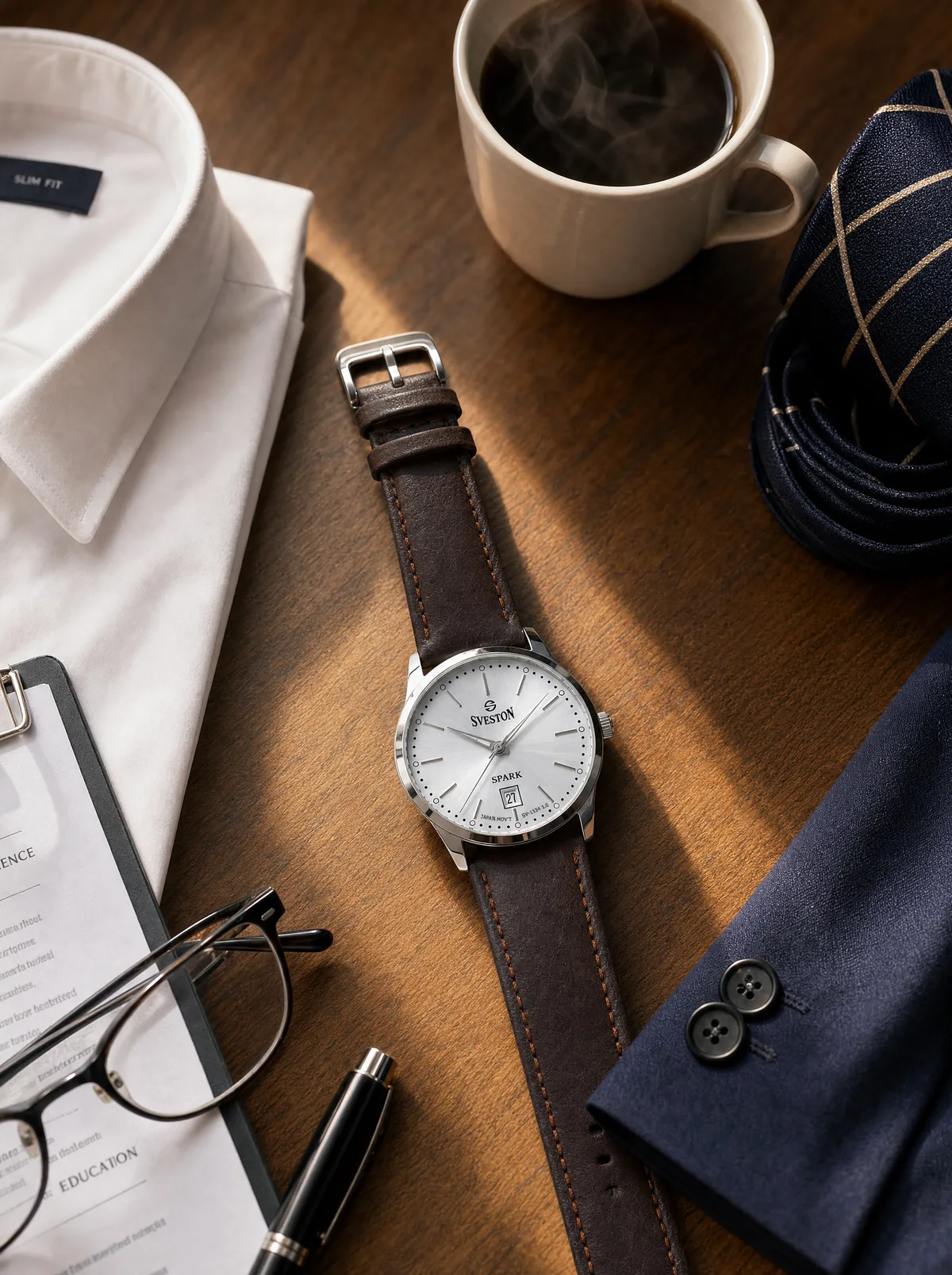 Classic Sveston leather strap watch arranged with tailoring essentials