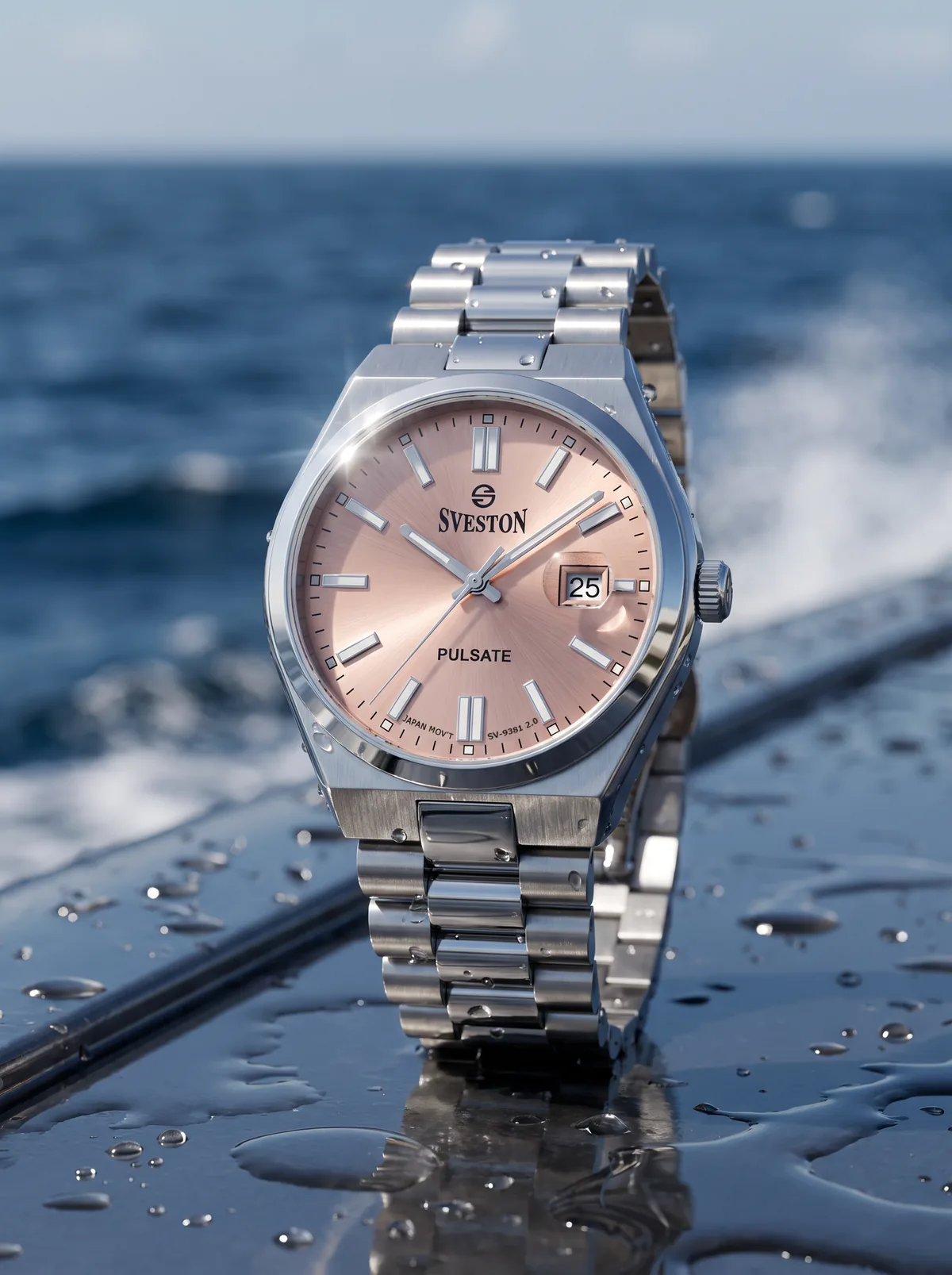 Pink dial Sveston watch photographed beside the ocean