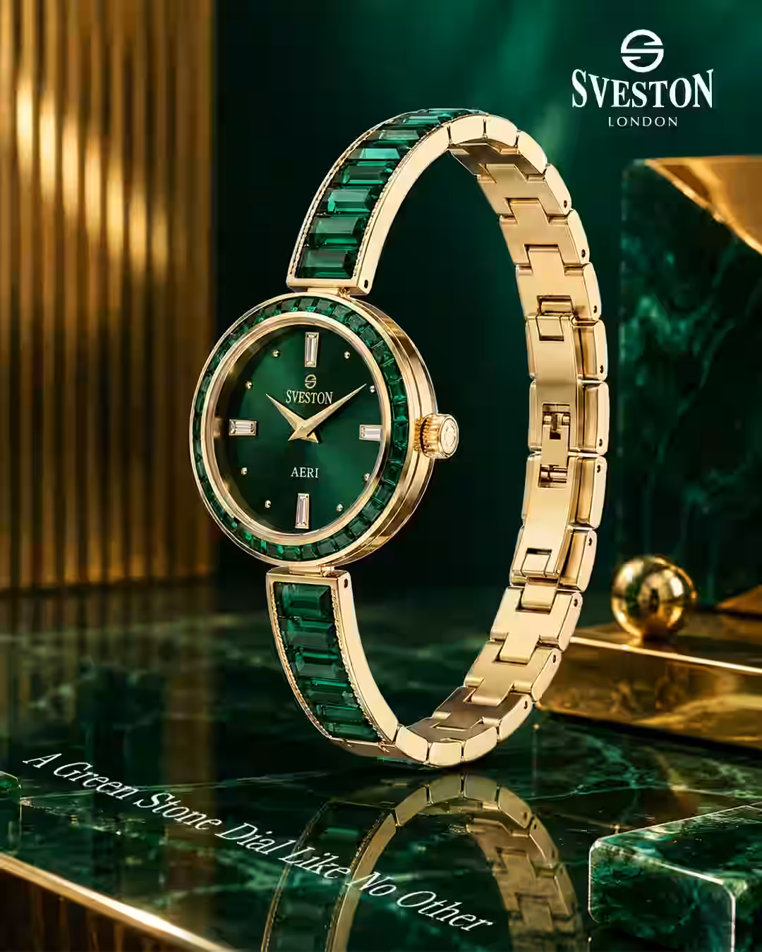 Sveston London Aeri women's watch with green stone dial and gold-tone bracelet
