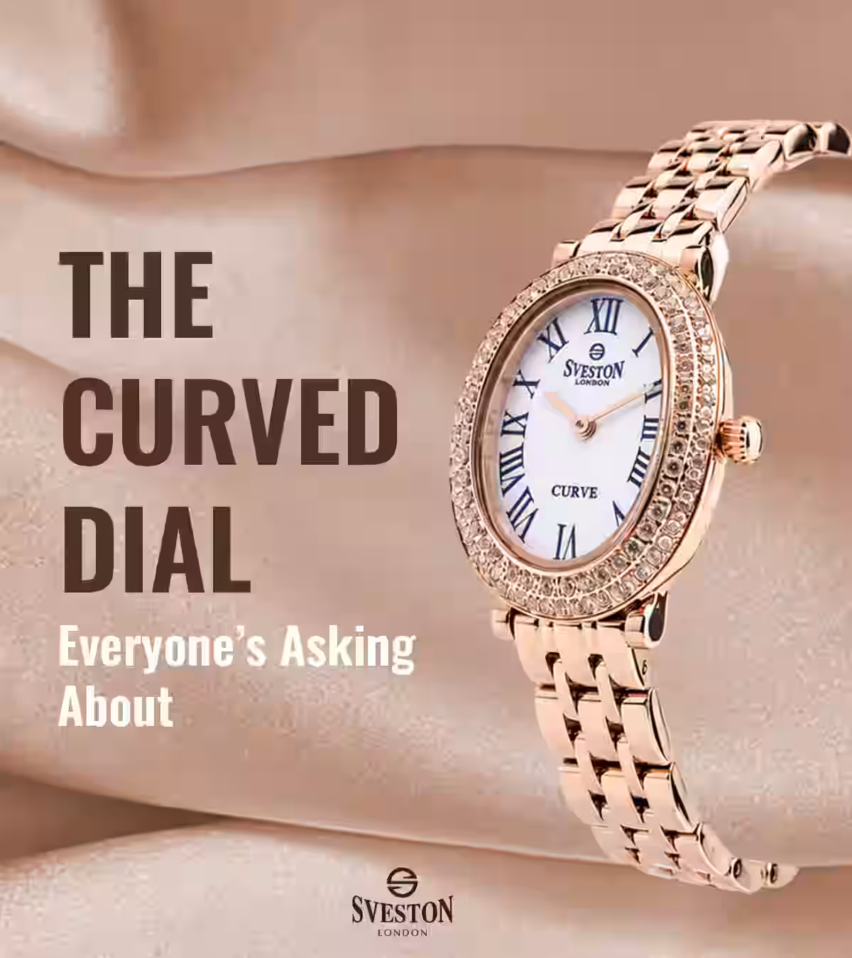 Sveston London Curve women's watch with curved white dial and rose-tone bracelet