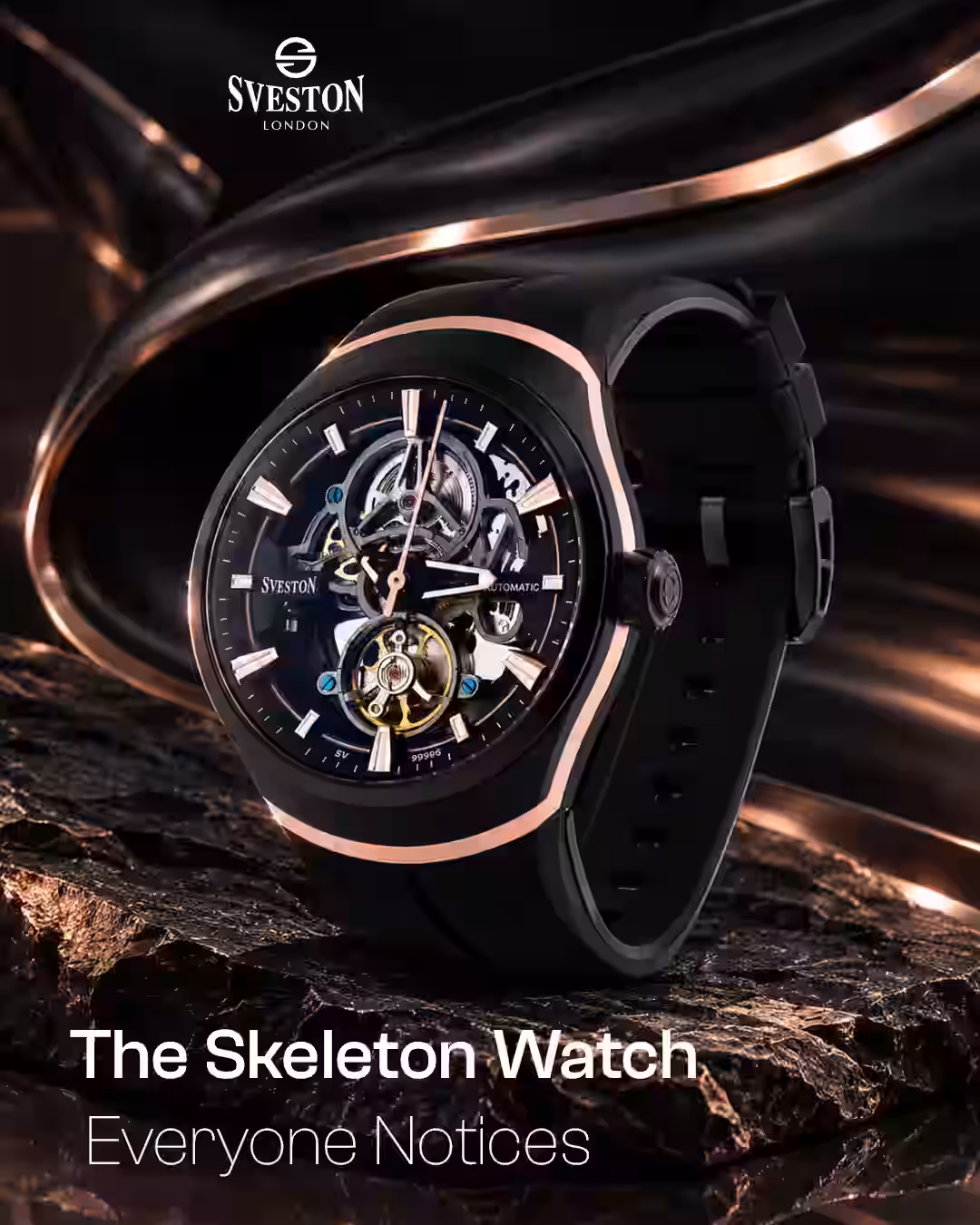 Sveston SV-9399G skeleton automatic watch with silicone strap