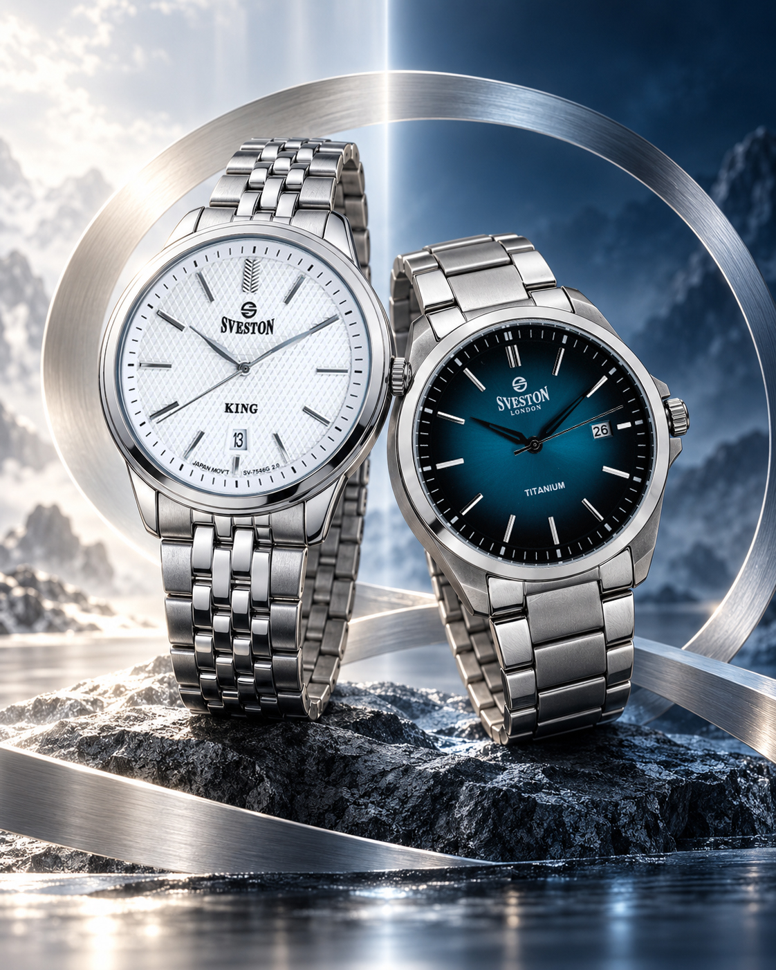 Sveston and Sveston London watches shown side by side illustrating the parent brand relationship