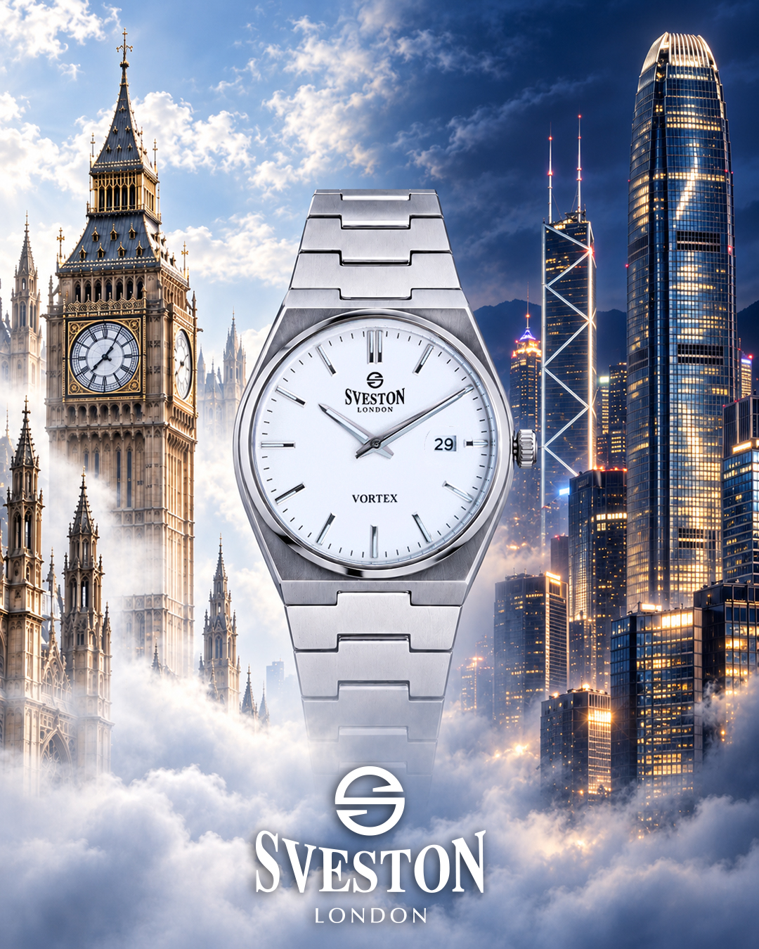 Sveston London watch heritage graphic showing London design and Hong Kong manufacturing origin